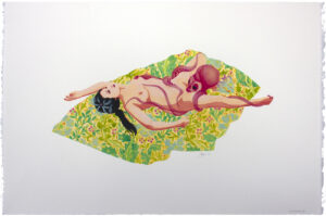 Multi-layered stencil in Summer colours with a naked woman lying on a patterned blanket and a dream-like octopus