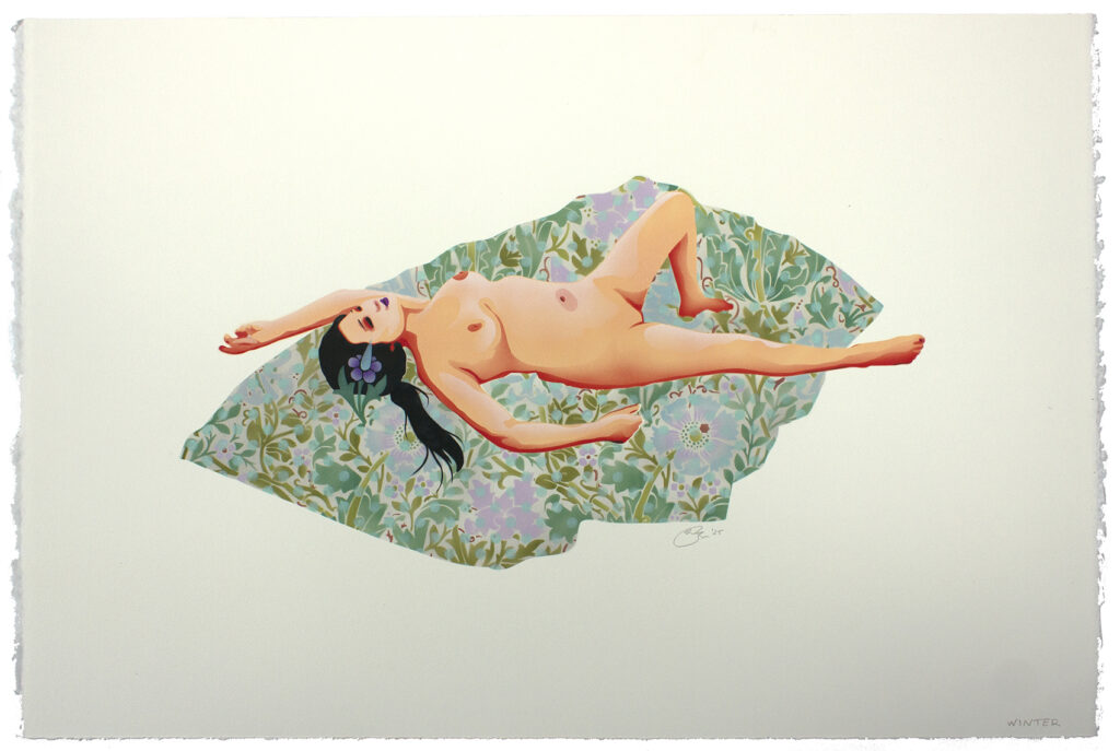 Multi-layered stencil in Winter colours with a naked woman lying on a patterned blanket