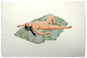 Multi-layered stencil in Winter colours with a naked woman lying on a patterned blanket