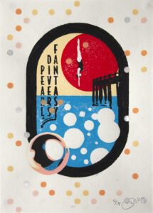 Five coloured woodblock print of a woman diving off a pier into a fantasy sea filled with pearls. The image is surrounded by multi-coloured dots of apricot, silver, pale pink and yellow.