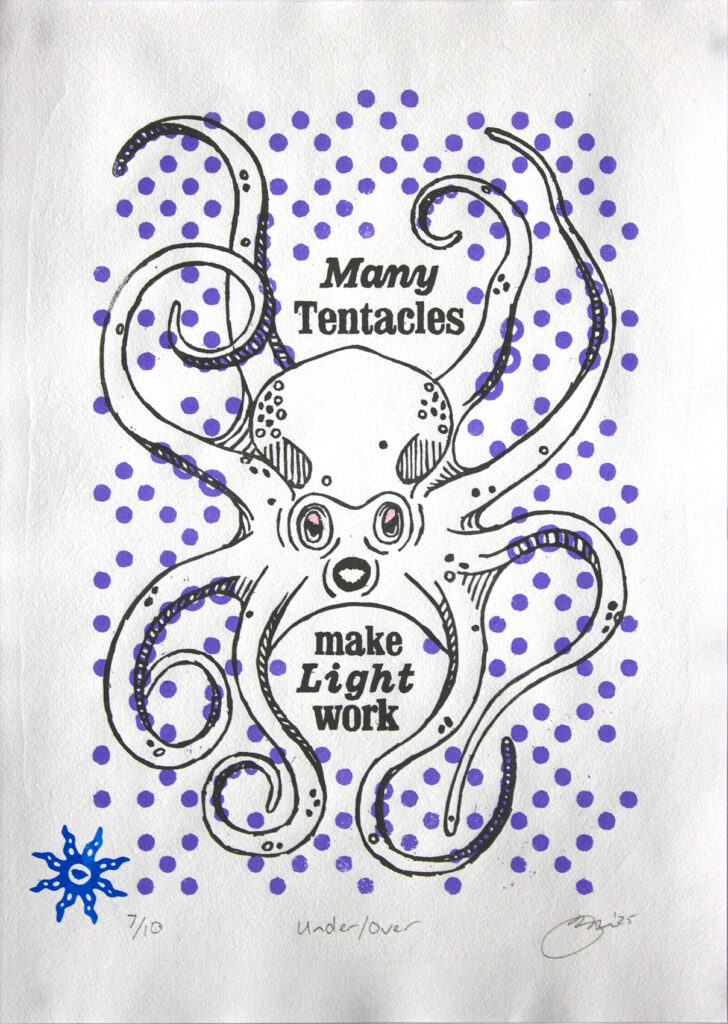 Three colour (grey, pink and purple) woodblock print of an octopus with all eight legs spread out, with the words "Many Tentacles make Light work" surrounding it. With a semi-transparent blue vinyl graphic of an octopus.