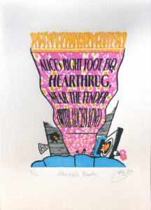 Mokuhanga 4 colour print based on the text of Alice in Wonderland.