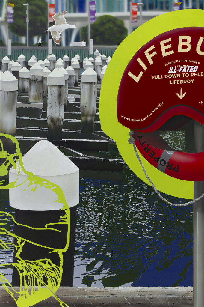 A painting of Docklands, Melbourne, Victoria with many pier pilings, people, water, a seagull flying by and a large lifebuoy.