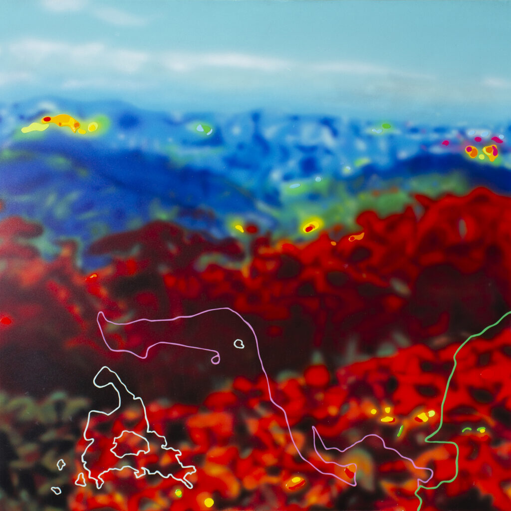 A painting of a very blurred, hypher vibrant colour of a view from a top of Mount Wellington in Hobart; with coloured abstract lines representing the map surrounding the area.