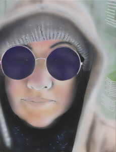 Painting of a women's face wearing a beanie, hooded coat and large circle sunglasses.