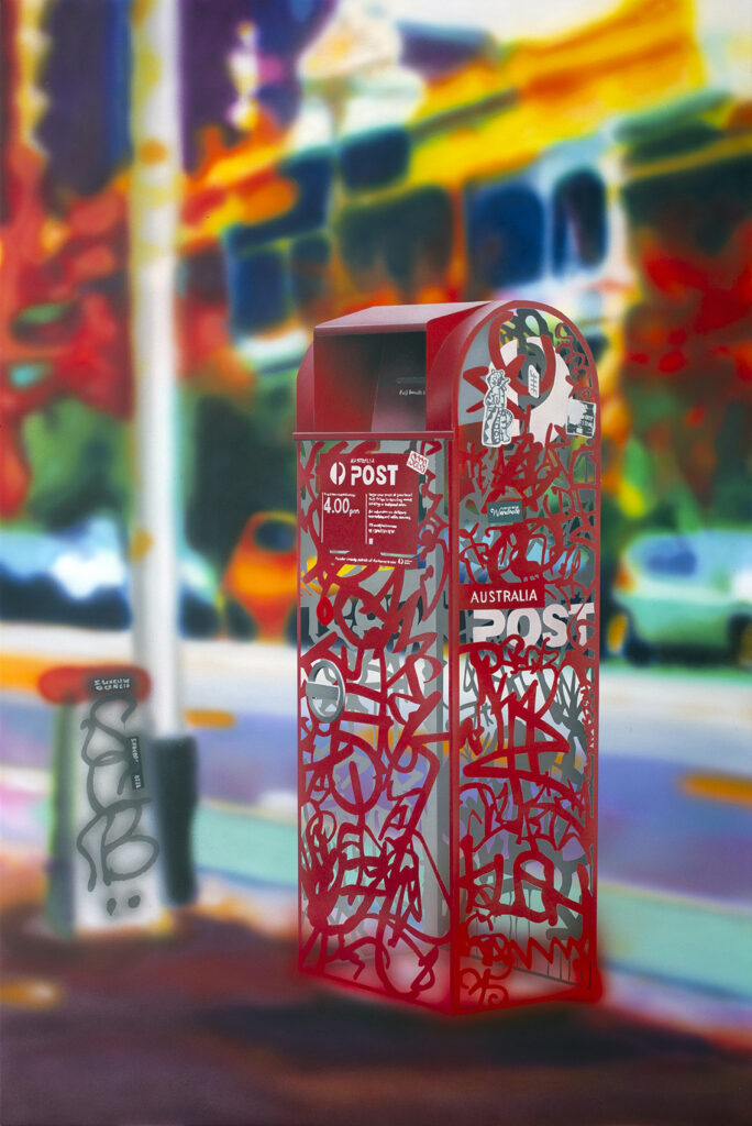 A painting of a red mailbox completely made of tags, stickers and signage with vibrant coloured surroundings